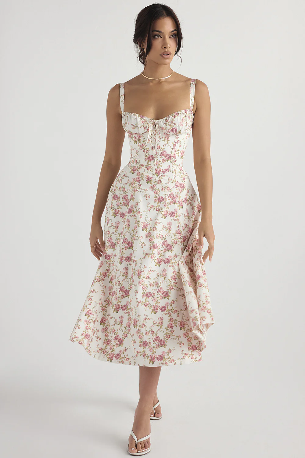 Corset Bodice Tie Front Ruched Bust Fit and Flare Midi Dress