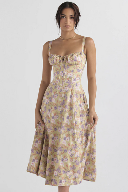 Corset Bodice Tie Front Ruched Bust Fit and Flare Midi Dress