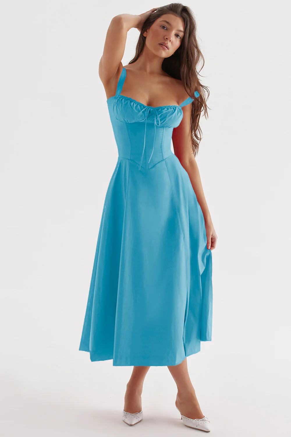 Corset Bodice Tie Front Ruched Bust Fit and Flare Midi Dress