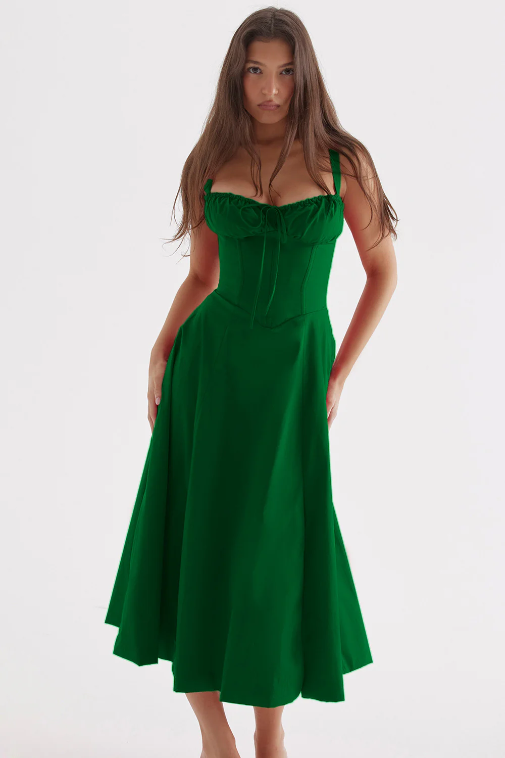 Corset Bodice Tie Front Ruched Bust Fit and Flare Midi Dress