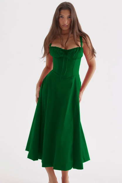 Corset Bodice Tie Front Ruched Bust Fit and Flare Midi Dress