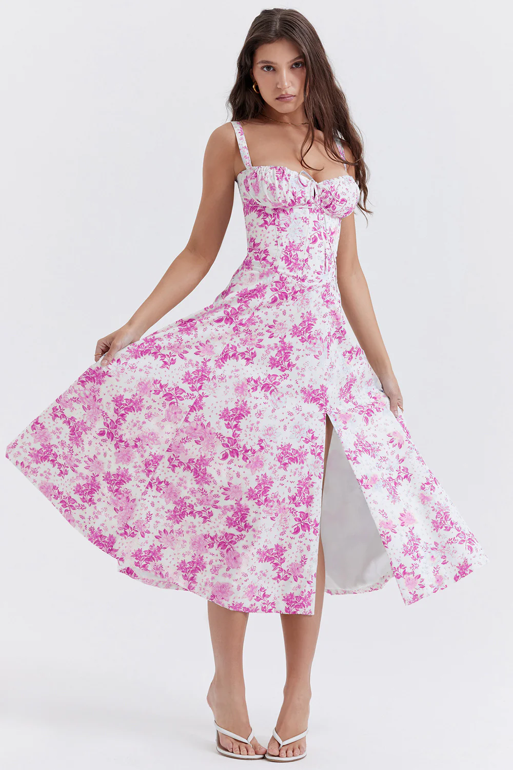 Corset Bodice Tie Front Ruched Bust Fit and Flare Midi Dress