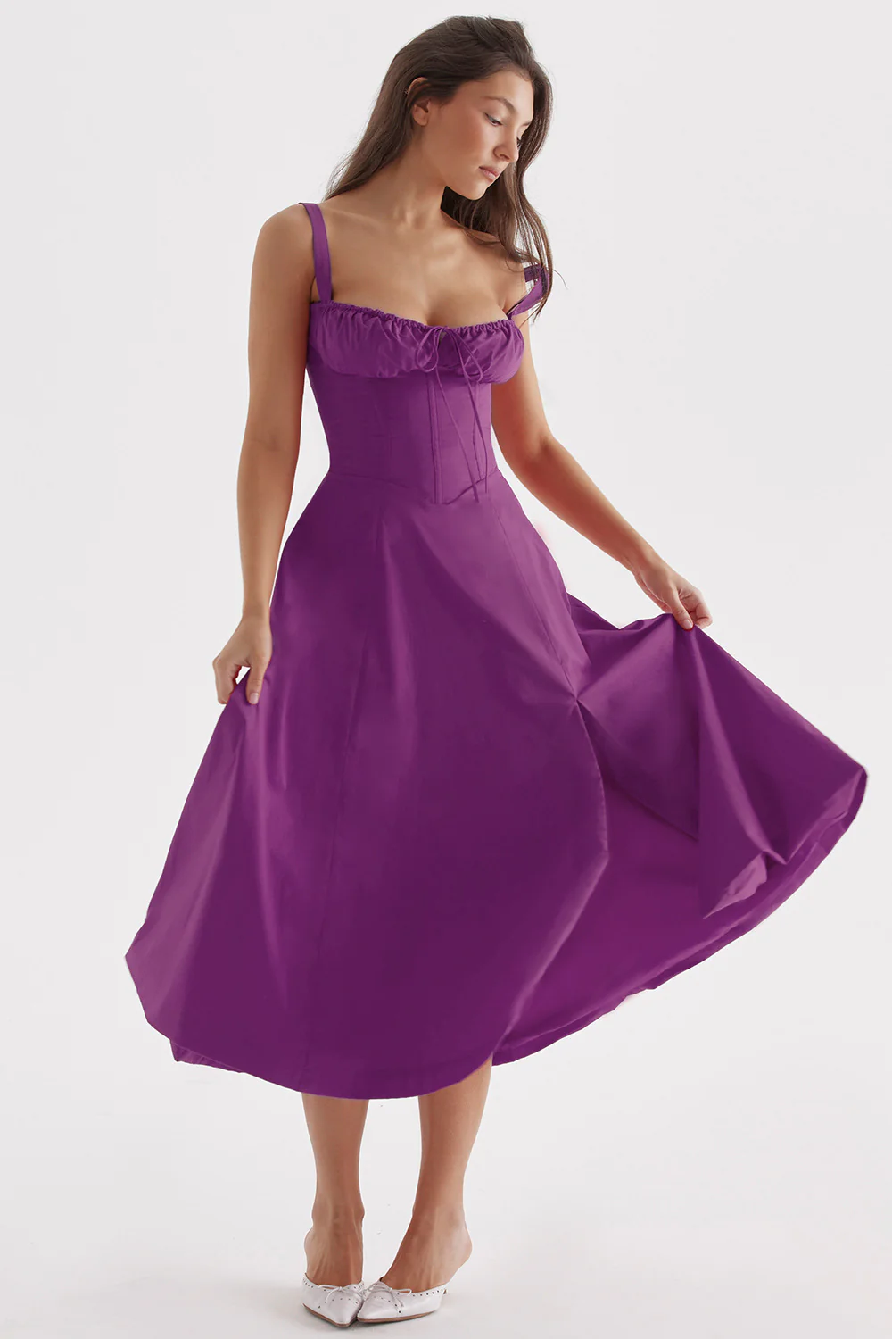 Corset Bodice Tie Front Ruched Bust Fit and Flare Midi Dress