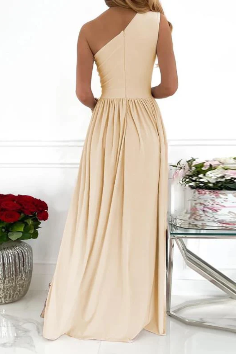 One-Shoulder Back Zipper Gathered Pleated Floor-Length Maxi Gown