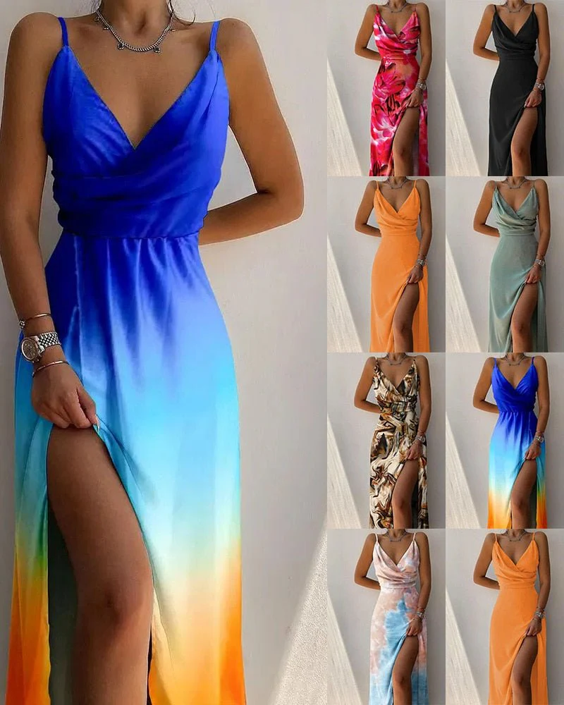 Surplice V-Neck Spaghetti Strap High Slit Maxi Dress