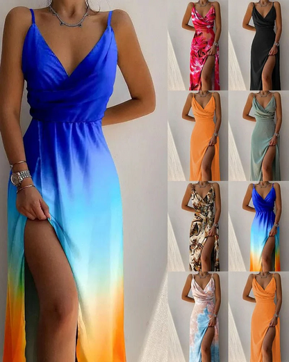 Surplice V-Neck Spaghetti Strap High Slit Maxi Dress