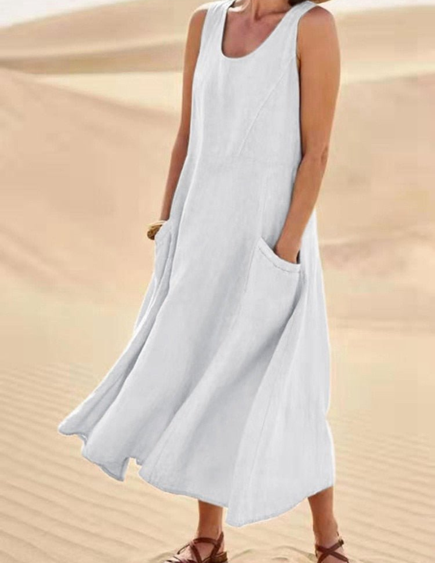 Panel Seam Scoop Neck Patch Pocket Wide Leg Maxi Dress