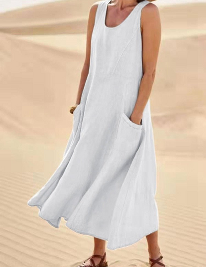 Panel Seam Scoop Neck Patch Pocket Wide Leg Maxi Dress