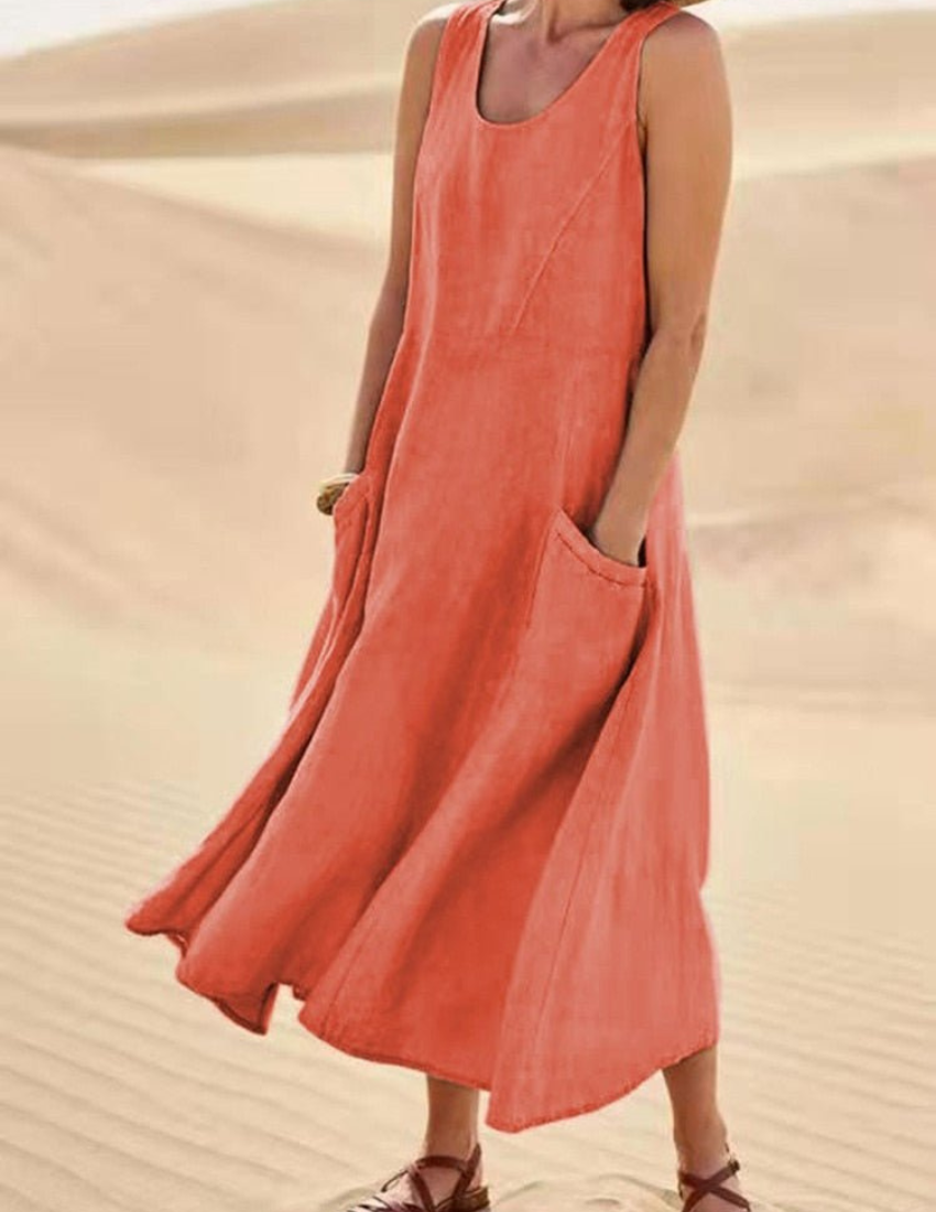 Panel Seam Scoop Neck Patch Pocket Wide Leg Maxi Dress