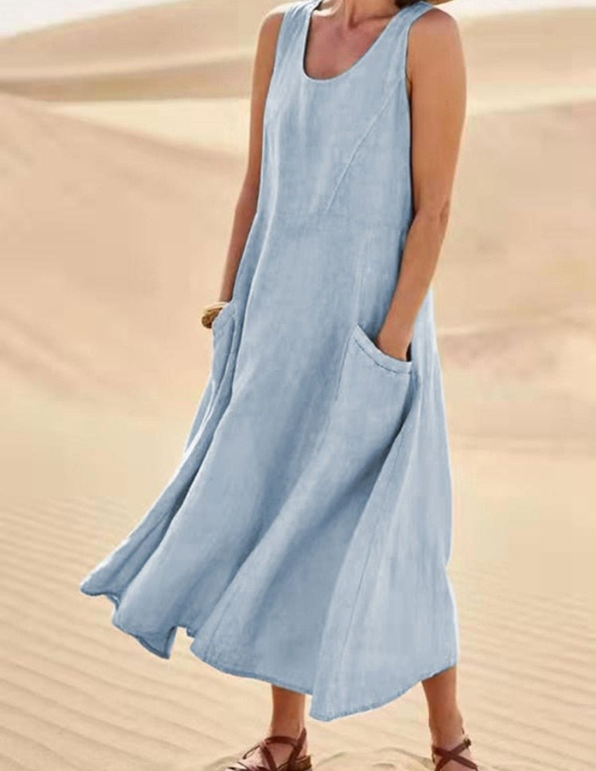 Panel Seam Scoop Neck Patch Pocket Wide Leg Maxi Dress