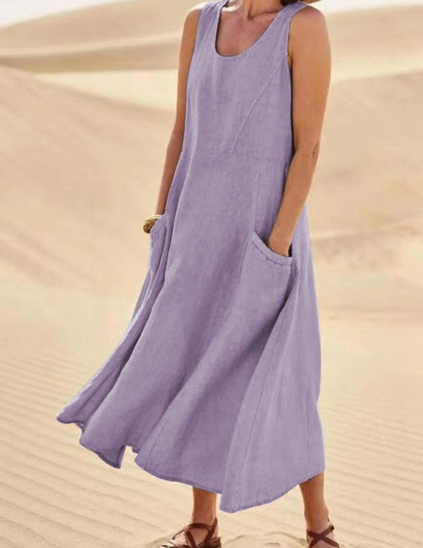 Panel Seam Scoop Neck Patch Pocket Wide Leg Maxi Dress