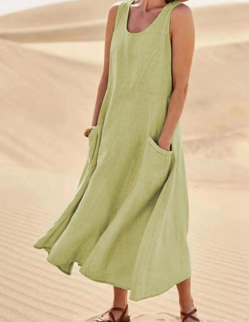 Panel Seam Scoop Neck Patch Pocket Wide Leg Maxi Dress