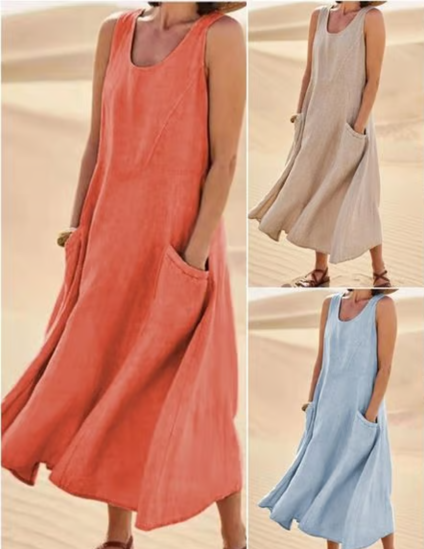 Panel Seam Scoop Neck Patch Pocket Wide Leg Maxi Dress