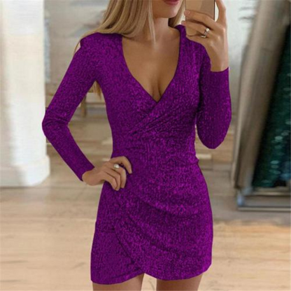 Sequin Long Sleeve Surplice Wrap Ruched Tulip Hem Mini Dress
