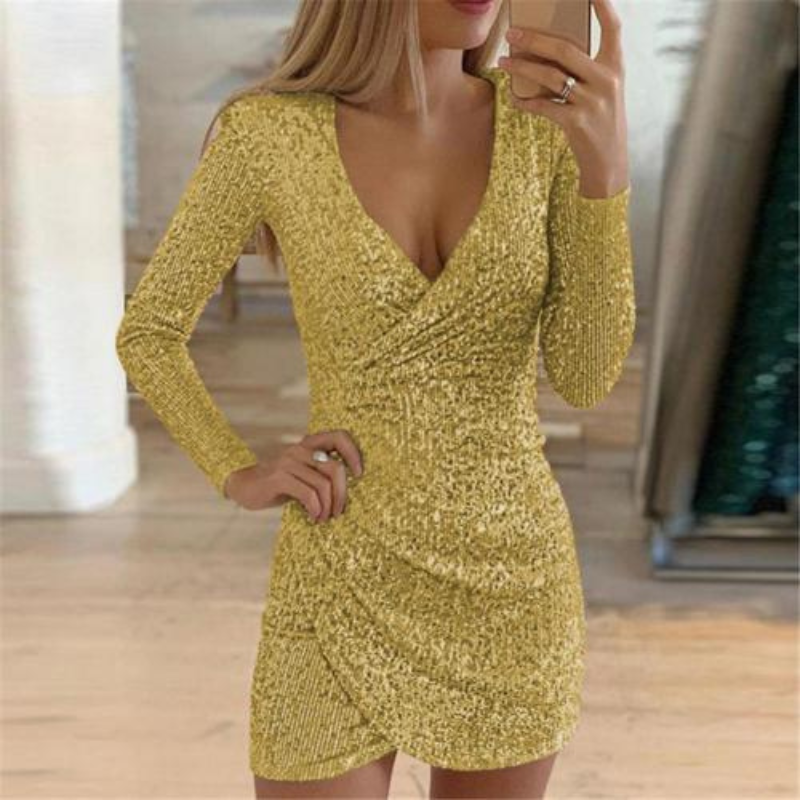 Sequin Long Sleeve Surplice Wrap Ruched Tulip Hem Mini Dress