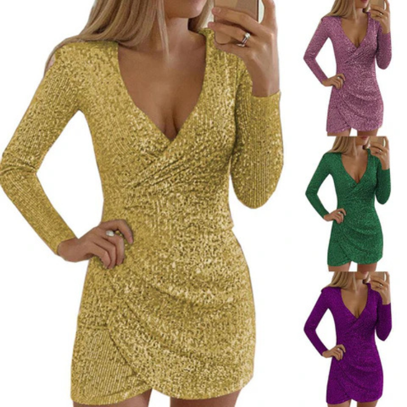 Sequin Long Sleeve Surplice Wrap Ruched Tulip Hem Mini Dress