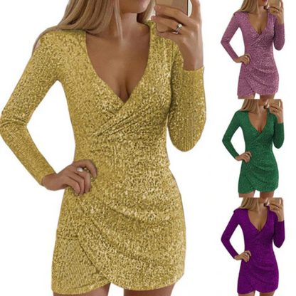 Sequin Long Sleeve Surplice Wrap Ruched Tulip Hem Mini Dress
