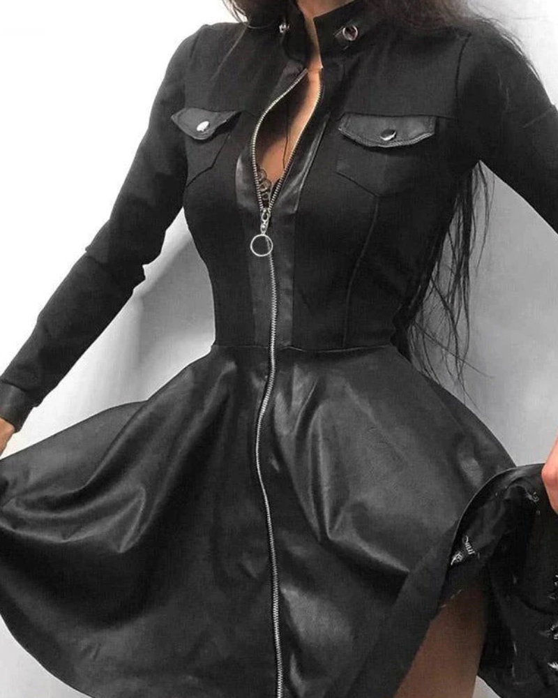 Faux Leather Panel Zip Front Chest Pocket Skater Mini Dress
