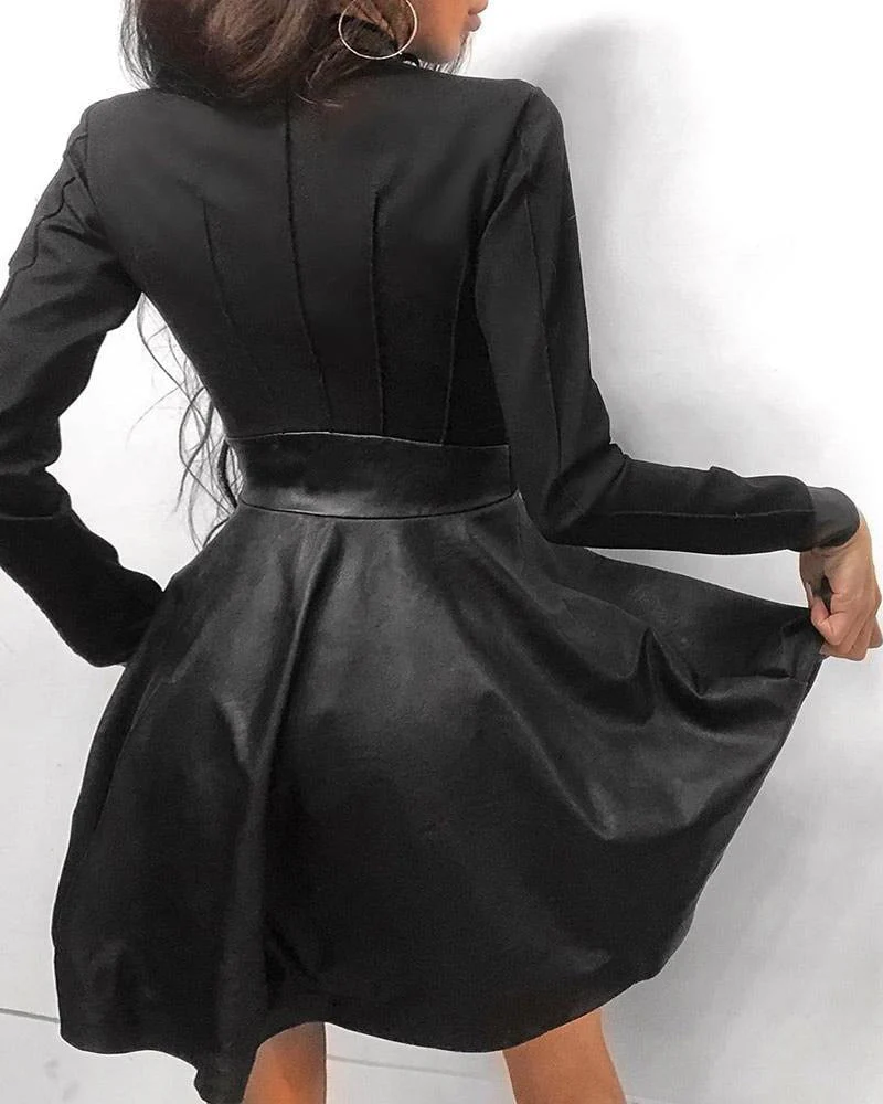 Faux Leather Panel Zip Front Chest Pocket Skater Mini Dress