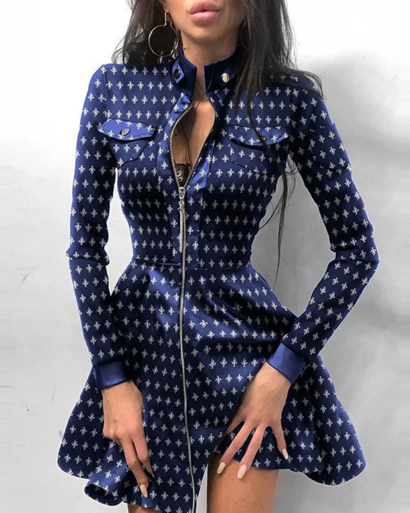 Faux Leather Panel Zip Front Chest Pocket Skater Mini Dress
