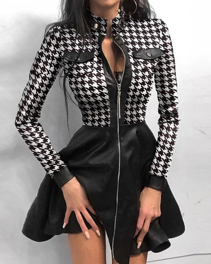 Faux Leather Panel Zip Front Chest Pocket Skater Mini Dress