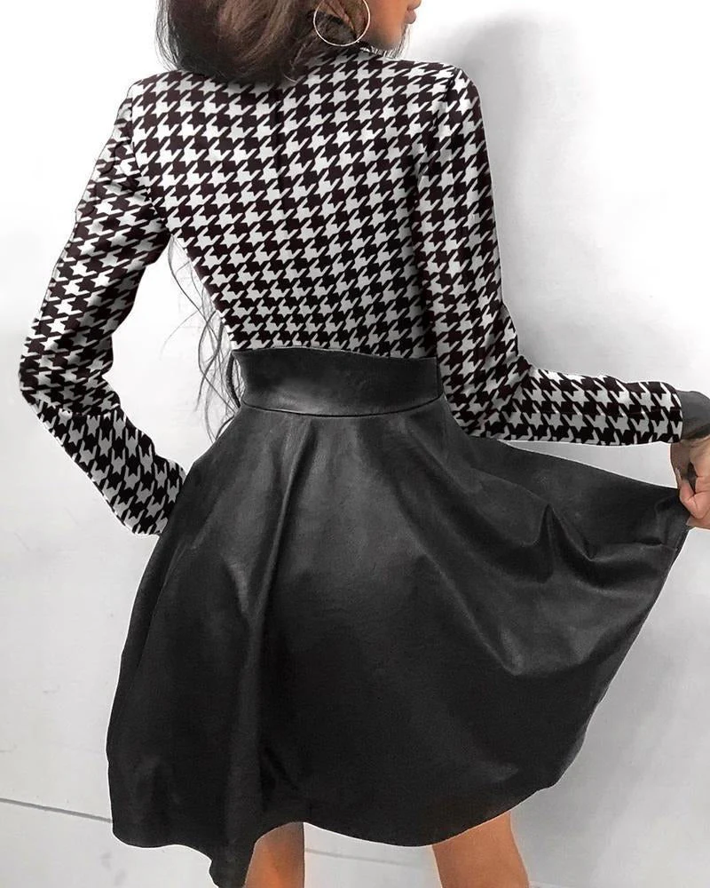 Faux Leather Panel Zip Front Chest Pocket Skater Mini Dress