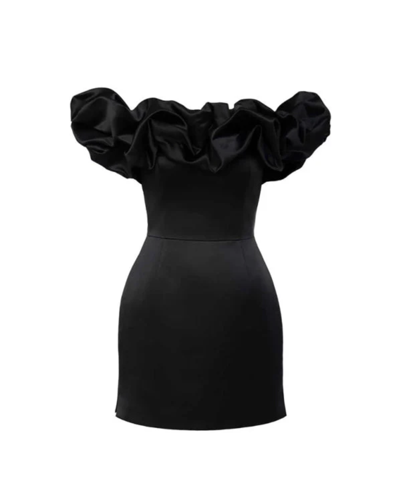 Satin Off-the-Shoulder Ruffle Draped Bodycon Mini Dress