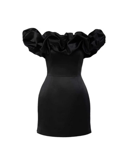 Satin Off-the-Shoulder Ruffle Draped Bodycon Mini Dress
