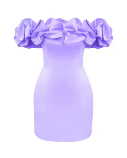 Satin Off-the-Shoulder Ruffle Draped Bodycon Mini Dress