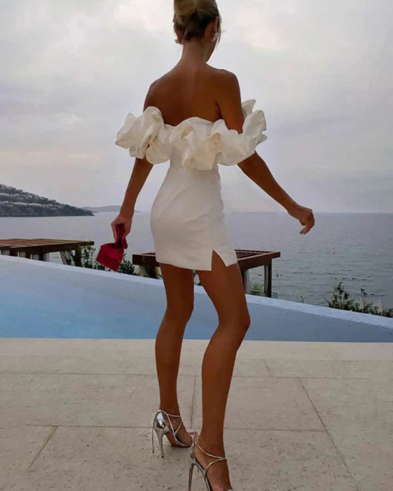 Satin Off-the-Shoulder Ruffle Draped Bodycon Mini Dress