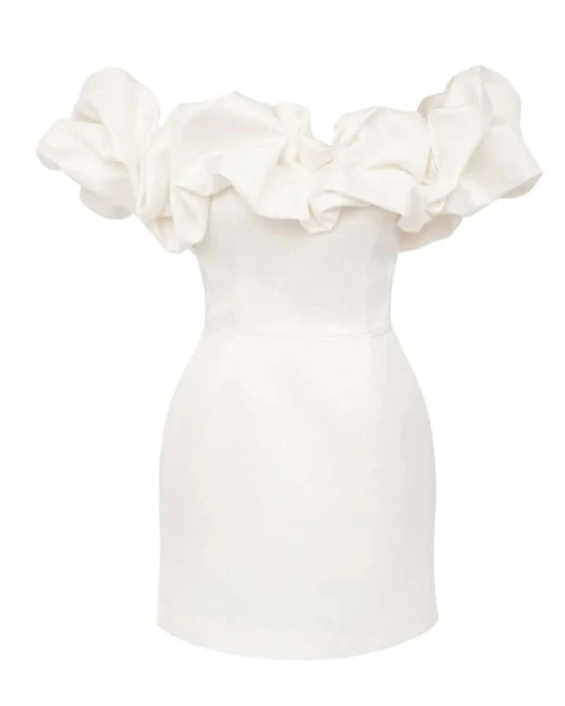 Satin Off-the-Shoulder Ruffle Draped Bodycon Mini Dress