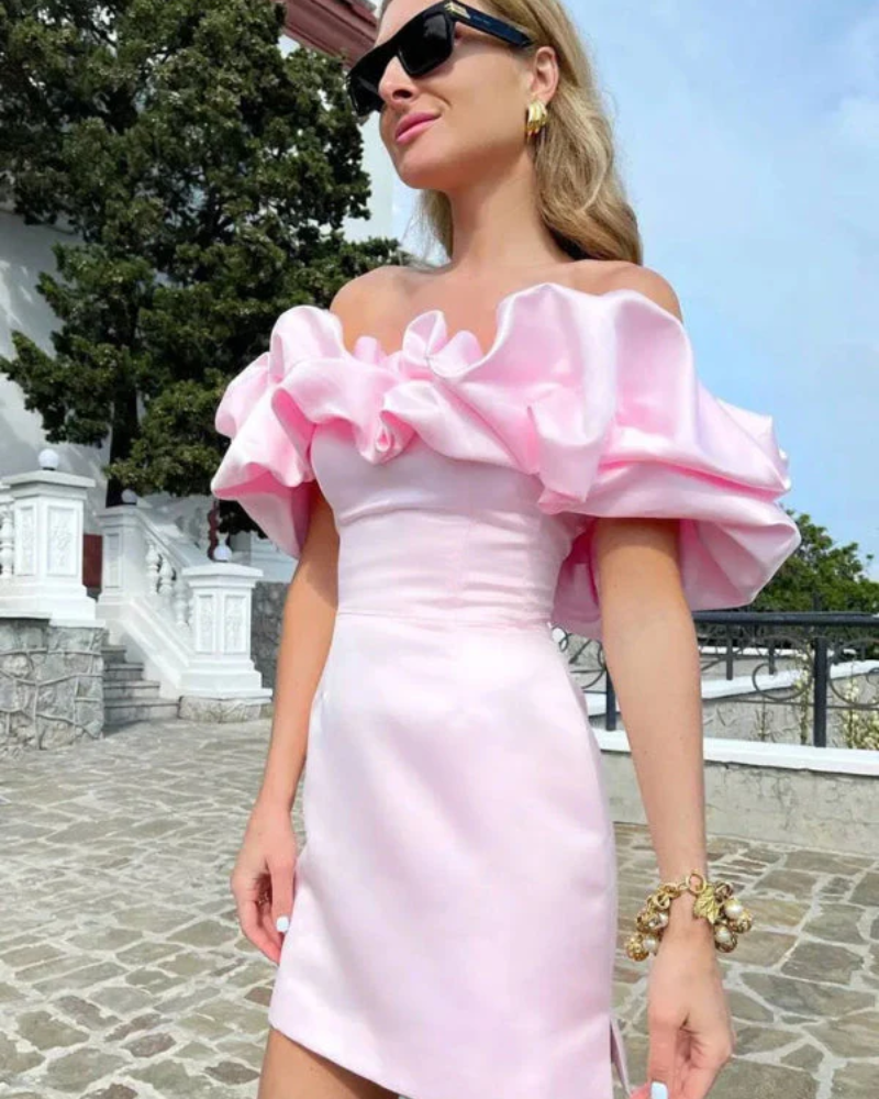 Satin Off-the-Shoulder Ruffle Draped Bodycon Mini Dress