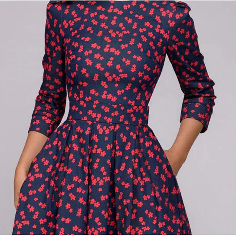 Ditsy Floral Print Crew Neck Puff Sleeve Pocket Fit and Flare Midi Dress