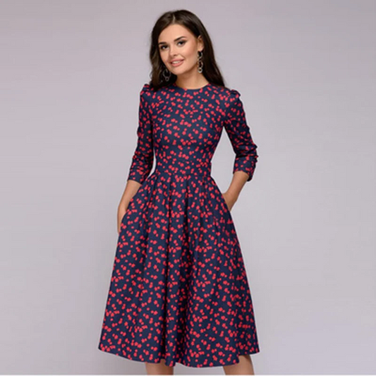 Ditsy Floral Print Crew Neck Puff Sleeve Pocket Fit and Flare Midi Dress