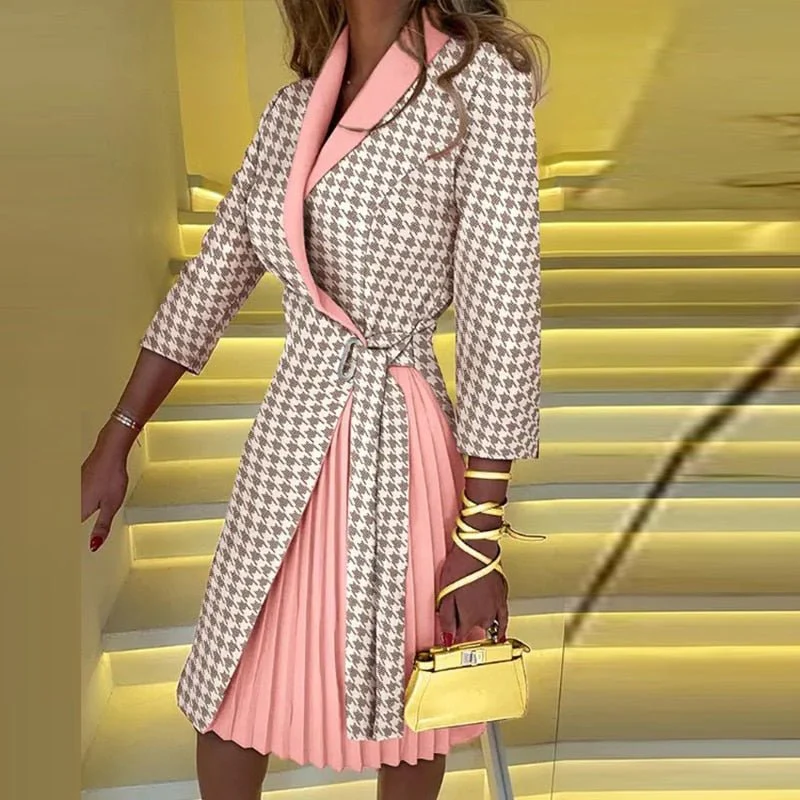 Houndstooth Print Wrap Blazer Dress with Pleated Skirt Overlay