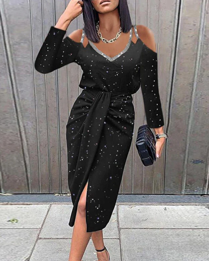 Cold Shoulder Spaghetti Strap Glitter Knit Twist Front Slit Midi Dress