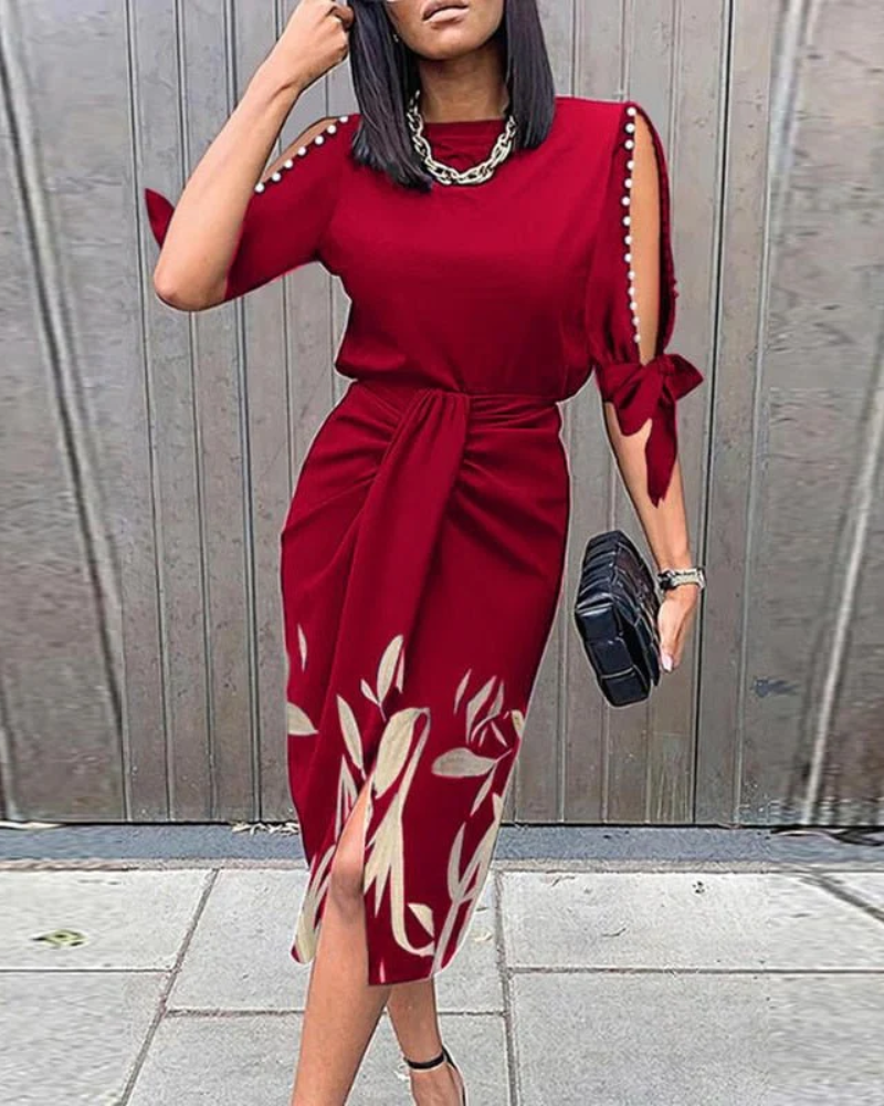 Cold Shoulder Spaghetti Strap Glitter Knit Twist Front Slit Midi Dress