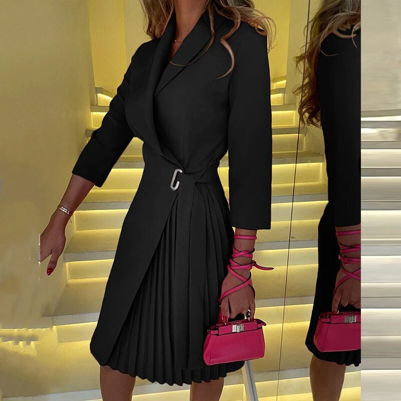 Houndstooth Print Wrap Blazer Dress with Pleated Skirt Overlay