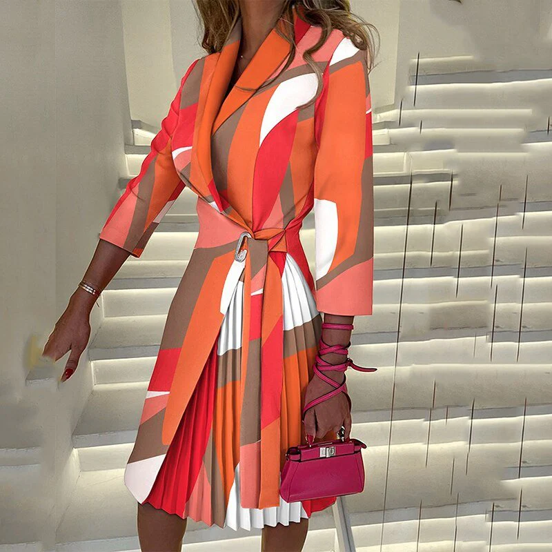 Houndstooth Print Wrap Blazer Dress with Pleated Skirt Overlay