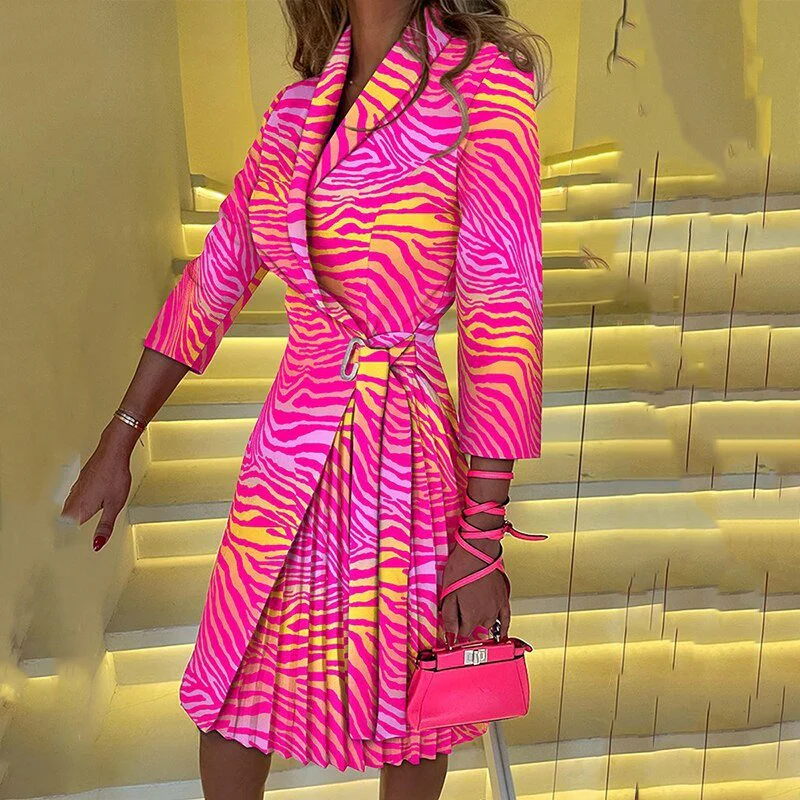 Houndstooth Print Wrap Blazer Dress with Pleated Skirt Overlay