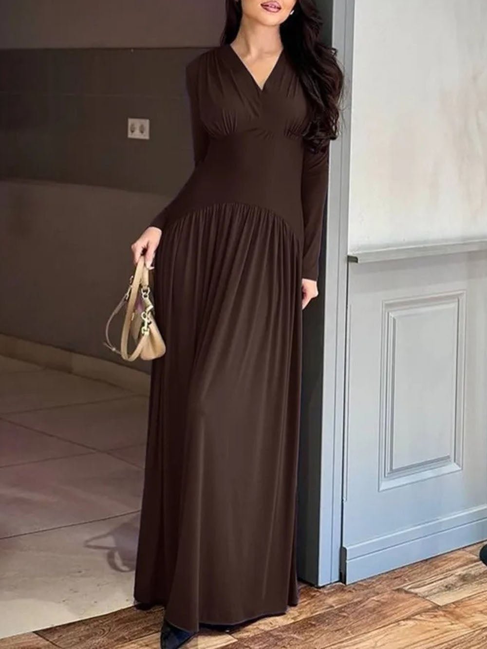 Long Sleeve Deep V-Neck Ruched Bodice Pleated Floor-Length Maxi Dress