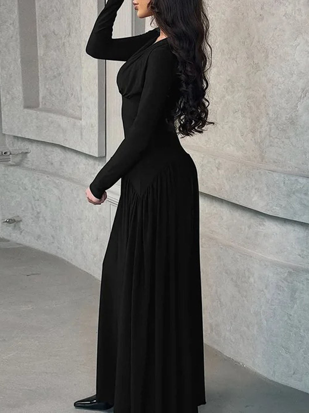 Long Sleeve Deep V-Neck Ruched Bodice Pleated Floor-Length Maxi Dress