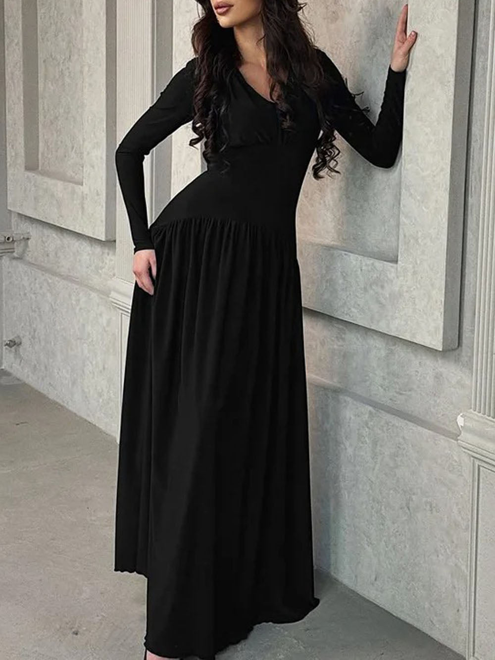 Long Sleeve Deep V-Neck Ruched Bodice Pleated Floor-Length Maxi Dress