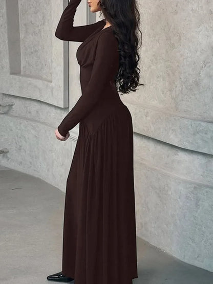 Long Sleeve Deep V-Neck Ruched Bodice Pleated Floor-Length Maxi Dress