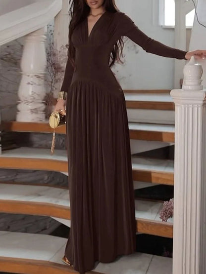 Long Sleeve Deep V-Neck Ruched Bodice Pleated Floor-Length Maxi Dress