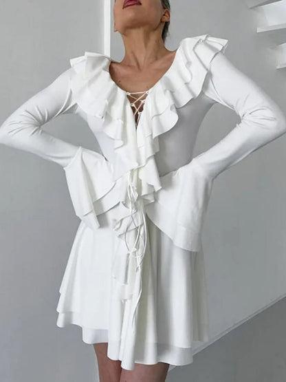 Long Sleeve Lace-Up Deep V-Neck Tiered Ruffle Mini Dress