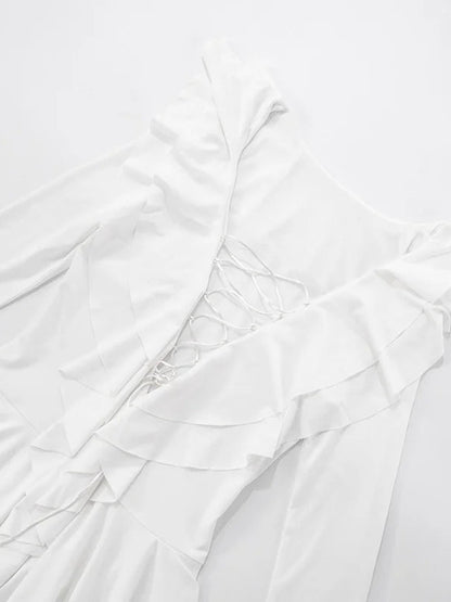 Long Sleeve Lace-Up Deep V-Neck Tiered Ruffle Mini Dress