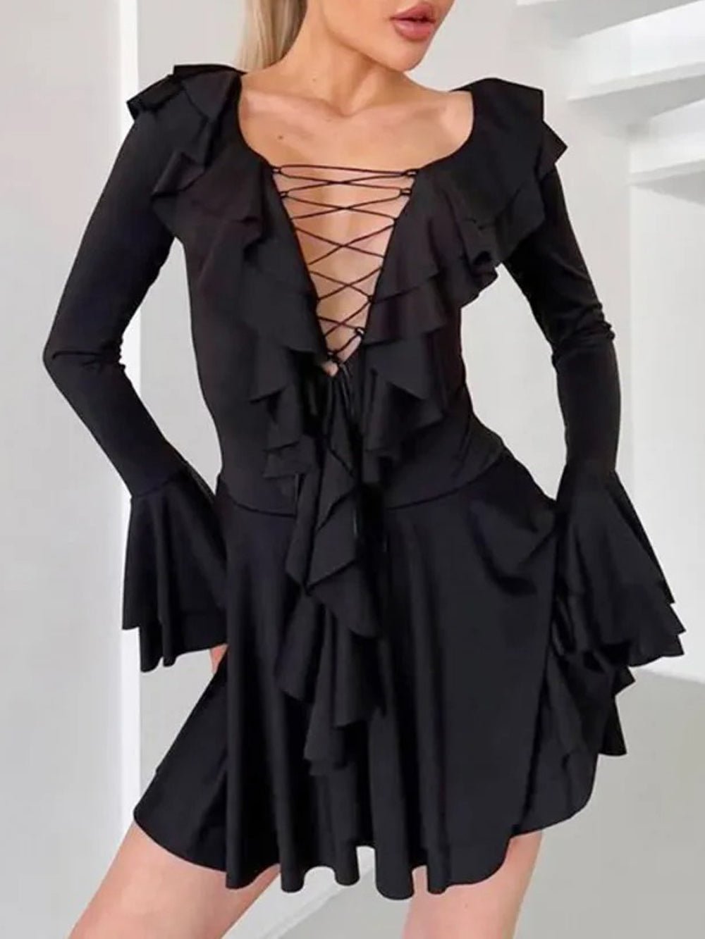 Long Sleeve Lace-Up Deep V-Neck Tiered Ruffle Mini Dress