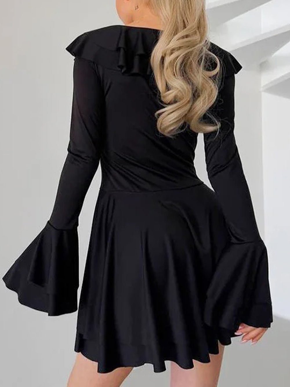 Long Sleeve Lace-Up Deep V-Neck Tiered Ruffle Mini Dress