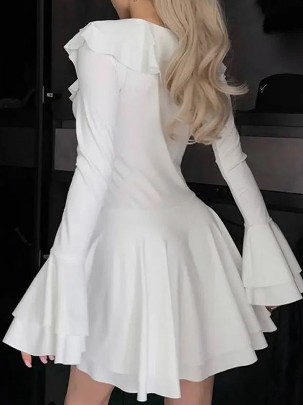 Long Sleeve Lace-Up Deep V-Neck Tiered Ruffle Mini Dress